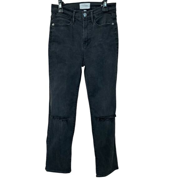 New ~ FRAME ~ Women's Black Maverick Rips Le High Denim Straight Jeans Size 26 - Picture 1 of 5